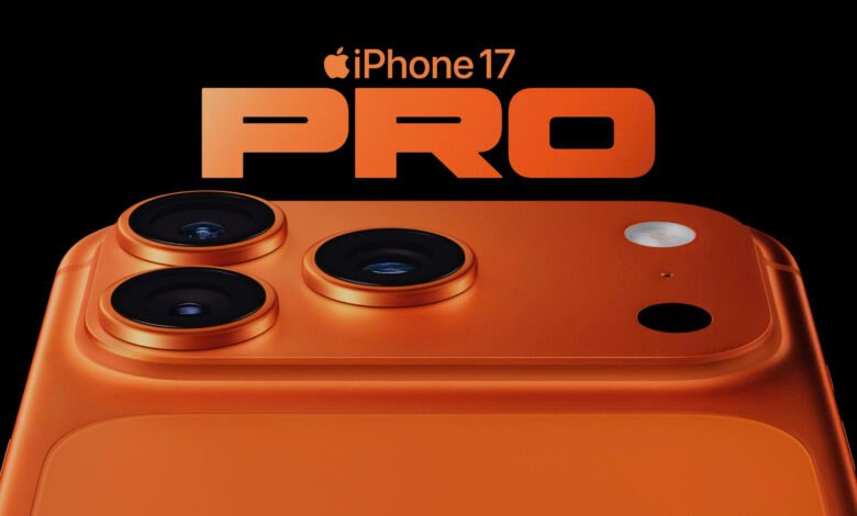 Close-up of the orange iPhone 17 Pro's triple-lens camera system.