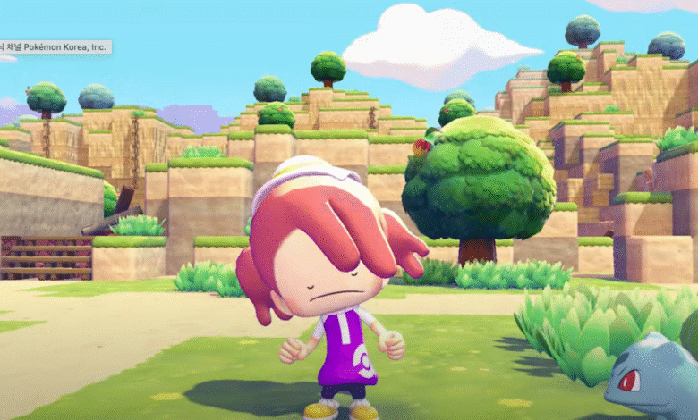 Cartoon girl in purple outfit with red hair stands with Bulbasaur in a stylized landscape.
