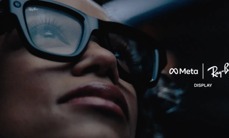 Close-up of a person wearing Ray-Ban smart glasses with Meta Display technology, showcasing sleek design and subtle integration.