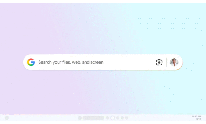 Google search bar with prompt 'Search your files, web, and screen', camera icon, and user profile.