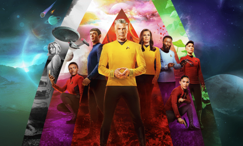 Star Trek: Strange New Worlds cast in uniform against a vibrant, cosmic backdrop.