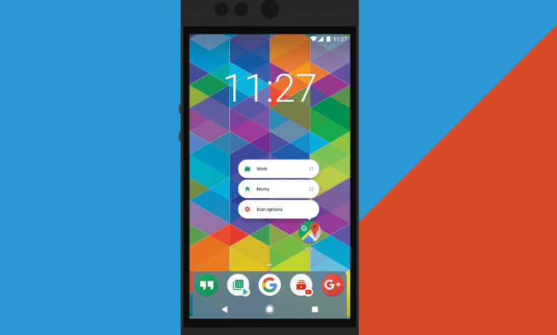 Smartphone displaying a colorful geometric wallpaper, time 11:27, and options for Work, Home, and Icon settings.