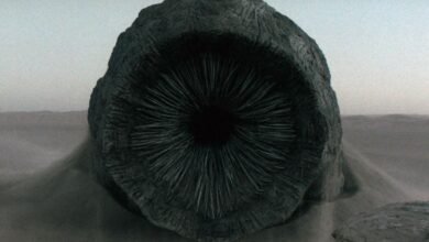 Mysterious dark object resembling a giant eye, partially buried in sand under a hazy sky.