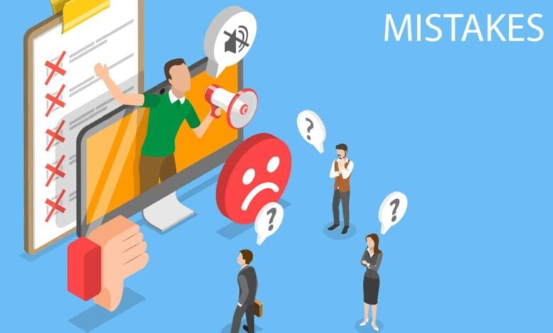 Isometric illustration of a checklist with red crosses, a man with a megaphone, and confused people with question marks.