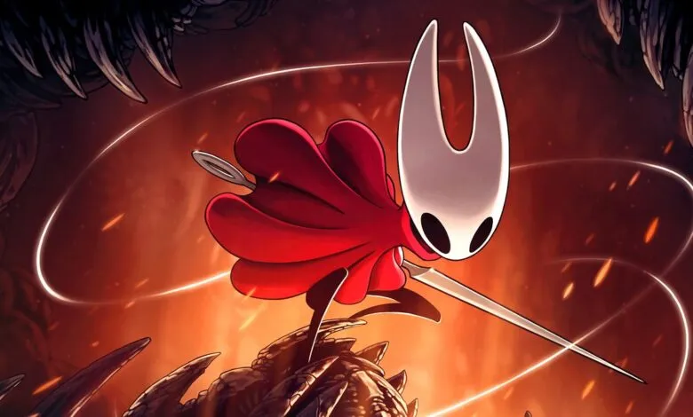 Hornet, from Hollow Knight: Silksong, in a dramatic pose, wielding a needle-like weapon against a fiery, monstrous background.