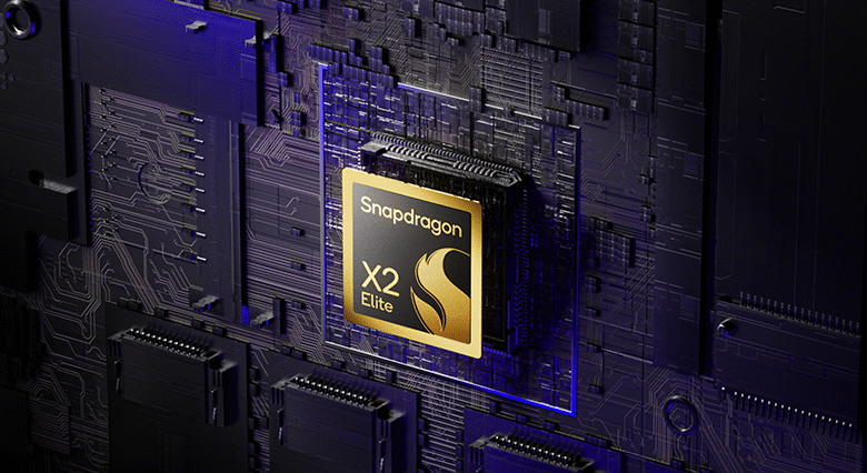 Close-up of a Snapdragon X2 Elite processor chip on a circuit board.