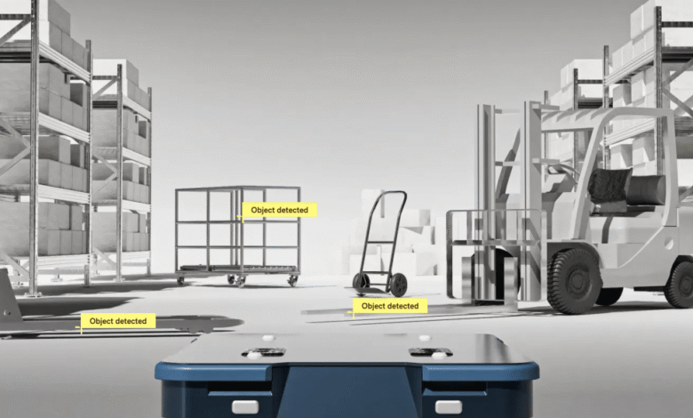 Warehouse scene with forklift, pallet jack, and shelving units; object detection boxes highlight equipment.