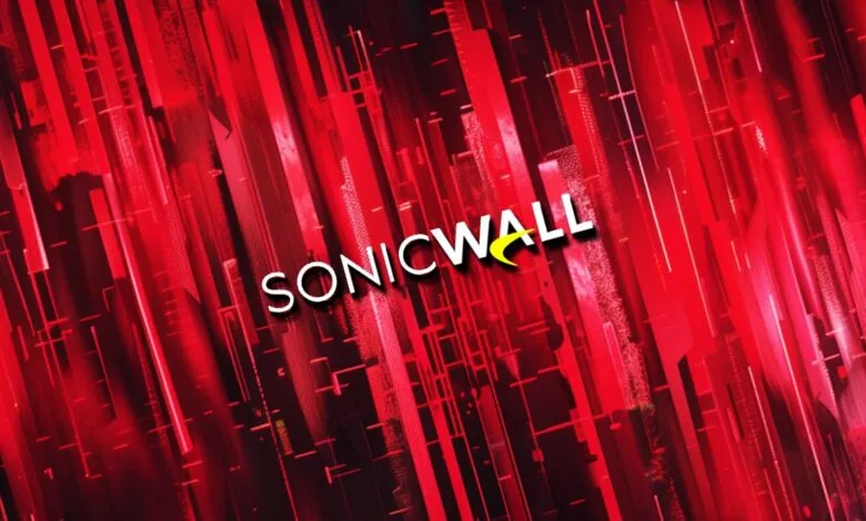 SonicWall logo on an abstract red background with vertical lines.