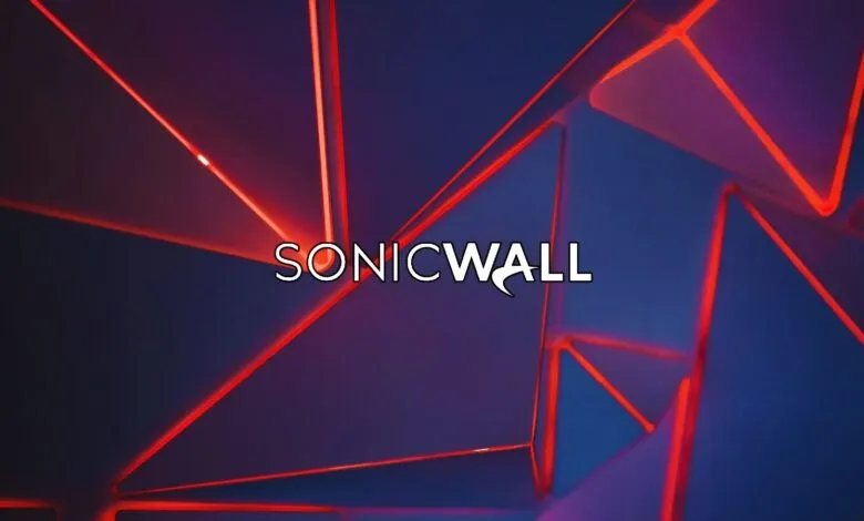 SonicWall logo displayed on a dark blue background with glowing red geometric lines.