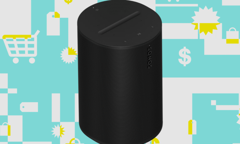 Black Sonos Era 100 speaker on a background with shopping cart and dollar sign icons.