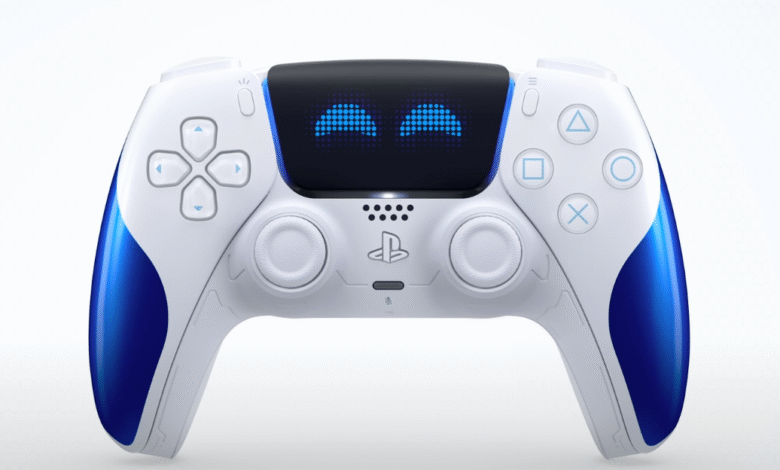 White and blue PlayStation 5 DualSense controller with unique Astro Bot design on the touchpad.