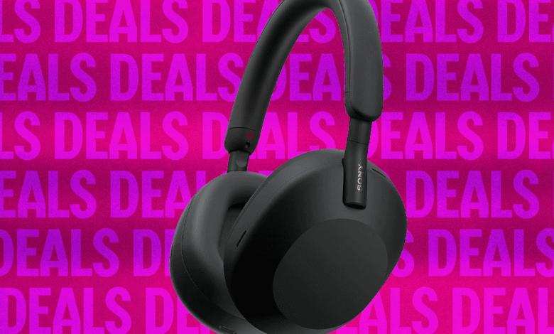 Sony headphones on sale, $100 off. Black over-ear headphones against a pink background.