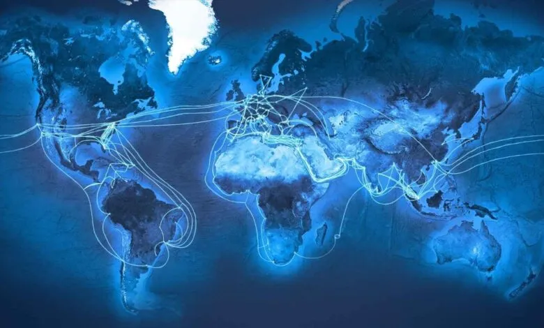 Global map showing undersea fiber optic cable routes connecting continents.