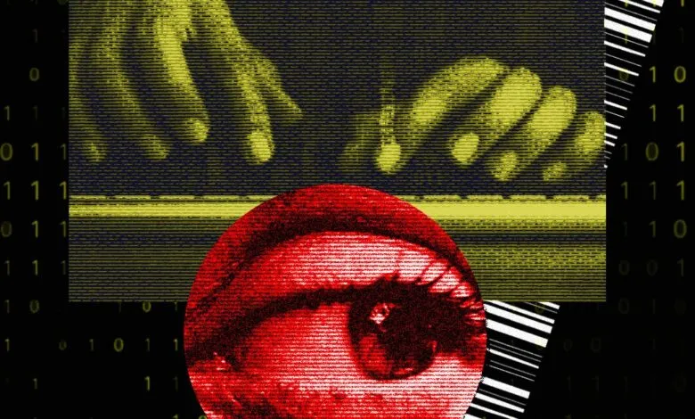 Abstract digital art depicting a red eye and binary code, symbolizing surveillance and data privacy.