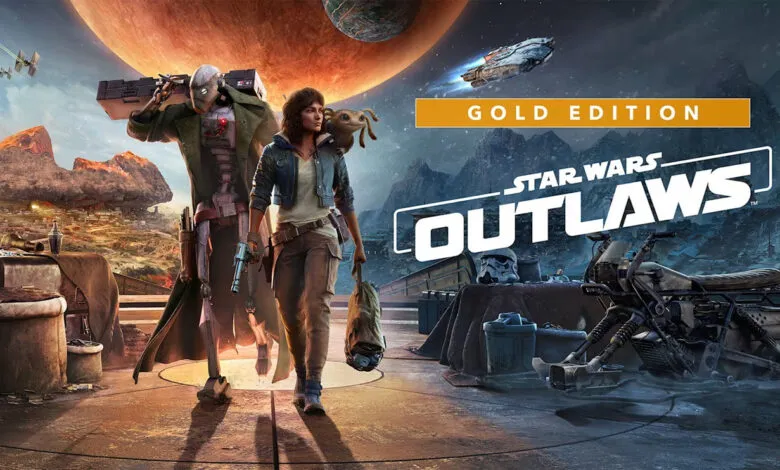 Star Wars: Outlaws Gold Edition key art featuring two characters walking on a futuristic planet.