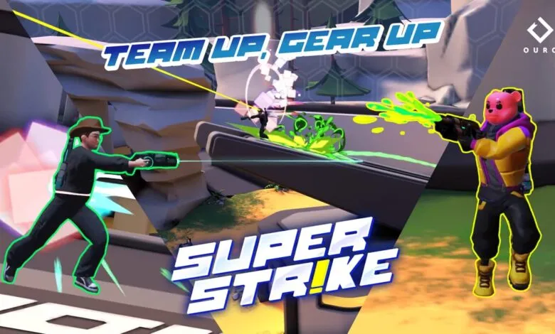 Two cartoon characters in a video game, one with a cowboy hat and the other a pink bear, aiming futuristic weapons.