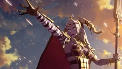 A female warrior, clad in gold and red armor, stands defiantly amidst a rain of golden spears, her arm outstretched.