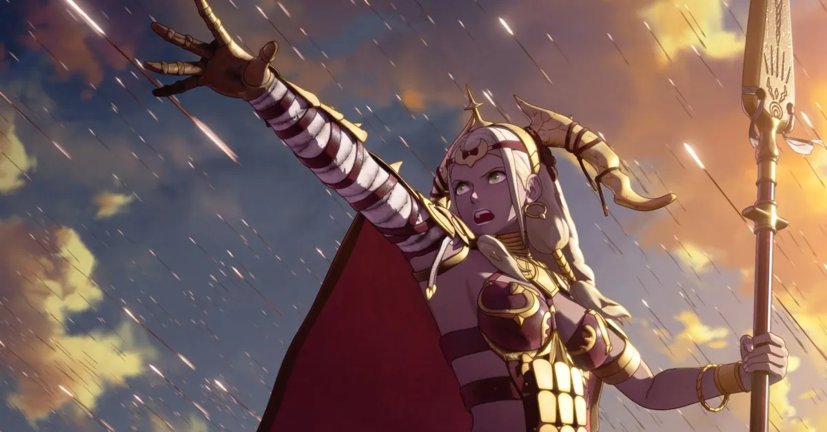A female warrior, clad in gold and red armor, stands defiantly amidst a rain of golden spears, her arm outstretched.