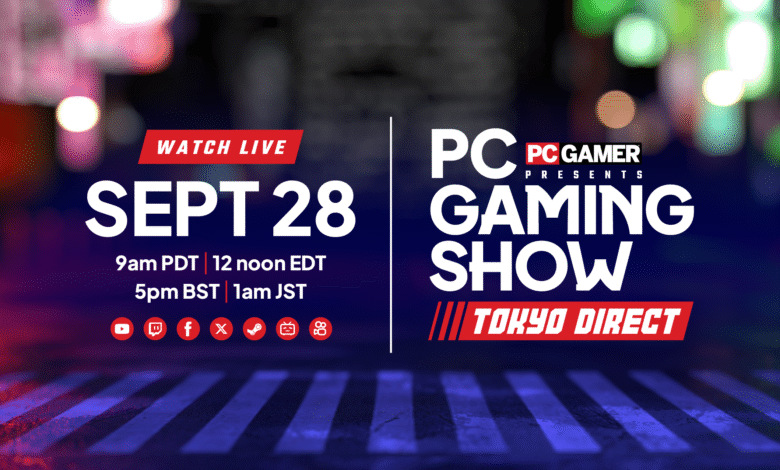 PC Gamer's Gaming Show live stream announcement for Sept 28th, showing various time zones and social media icons.