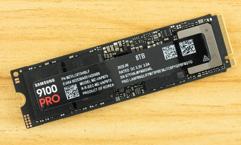 Close-up of a Samsung 9100 Pro 8TB NVMe SSD, showing its components and specifications.