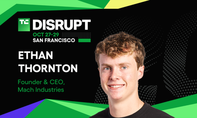 Ethan Thornton, Founder & CEO of Mach Industries, speaking at TechCrunch Disrupt in San Francisco.