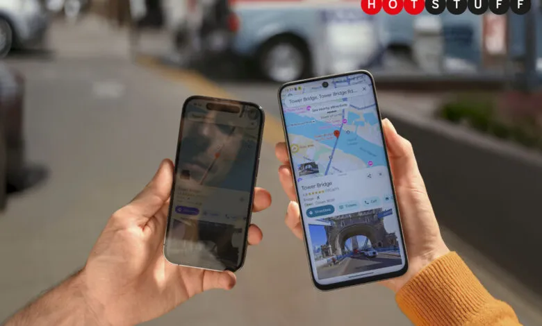 Two smartphones display Google Maps directions and information for Tower Bridge in London.