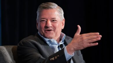 Ted Sarandos, Netflix co-CEO, speaks at an event, gesturing with his hand.