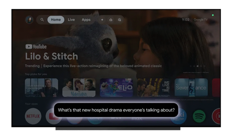 Google TV interface showing Lilo & Stitch, other trending shows, and a prompt asking 'What's that new hospital drama everyone's talking about?'