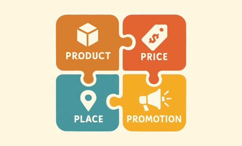 Marketing mix (4Ps): Product, Price, Place, Promotion shown as interlocking puzzle pieces.