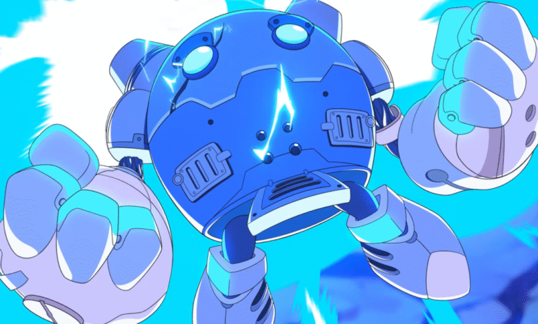A large, round, blue robot with glowing white eyes and fists raised.