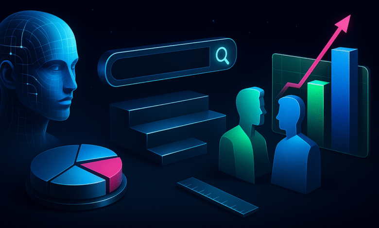 AI-powered search optimization: A digital head, search bar, graph, and people illustrate growth and collaboration.