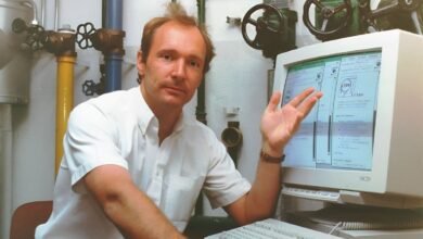 Tim Berners-Lee, inventor of the World Wide Web, sits at a computer displaying an early web page.