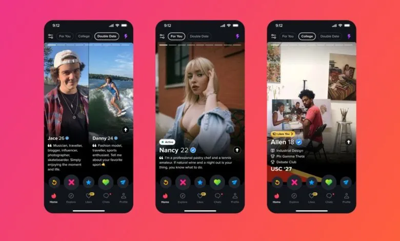 Three mobile app screens displaying Tinder profiles with photos and bios.