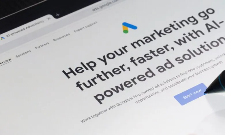 Google Ads AI-powered marketing webpage shown on a tablet, highlighting faster solutions and business growth.