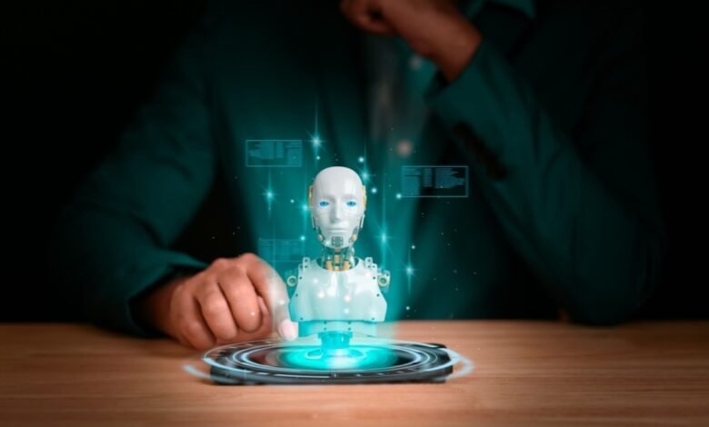 Person interacts with a holographic robot on a tablet, showcasing AI technology.