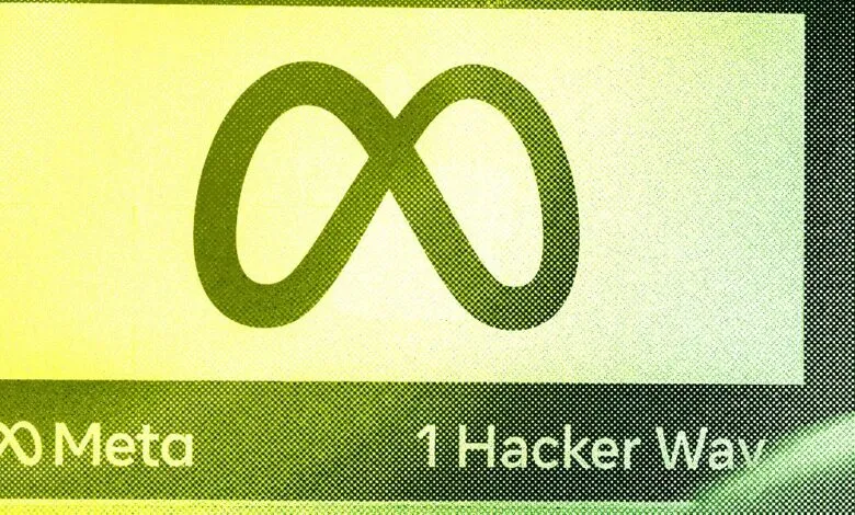 Meta logo and address on a screen: ∞Meta 1 Hacker Way.
