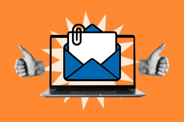 Laptop screen displays an email with a paperclip, two thumbs-up gestures on either side.