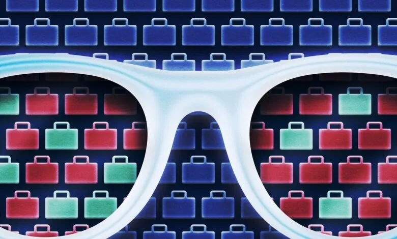 White sunglasses revealing a pattern of red, green, and blue briefcases.