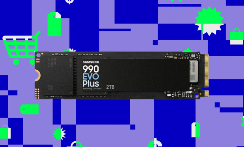 Samsung 990 EVO Plus 2TB SSD shown against a background of shopping icons.