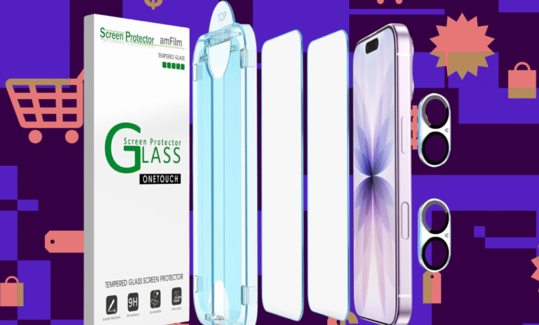 Smartphone screen protector with packaging shown against a purple background with shopping icons. Tempered glass, easy application.