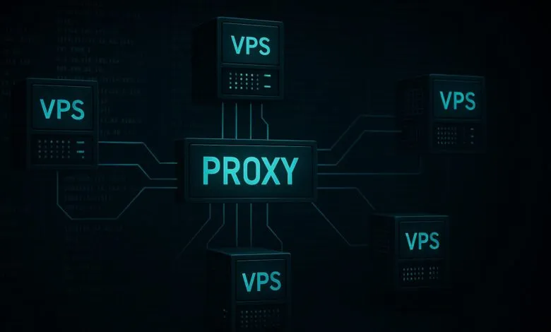Diagram showing four VPS servers connected to a central proxy server. Teal lines represent connections.