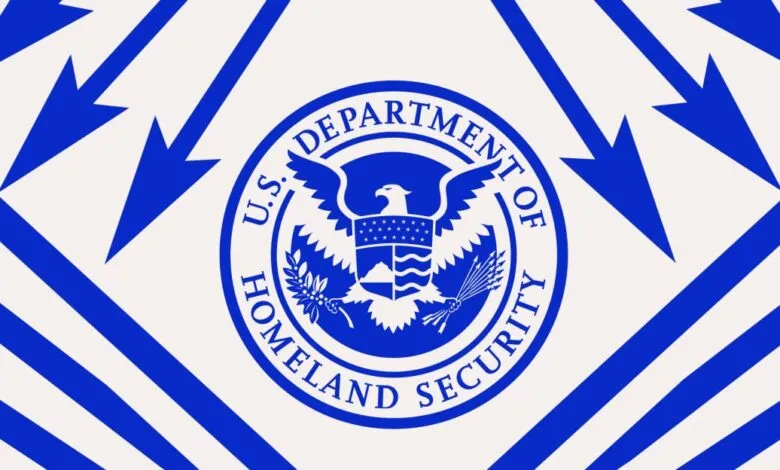 US Department of Homeland Security seal with blue arrows, signifying protection and security.