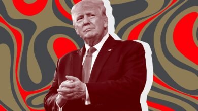 Donald Trump in a suit against a red, gold, and gray abstract background.