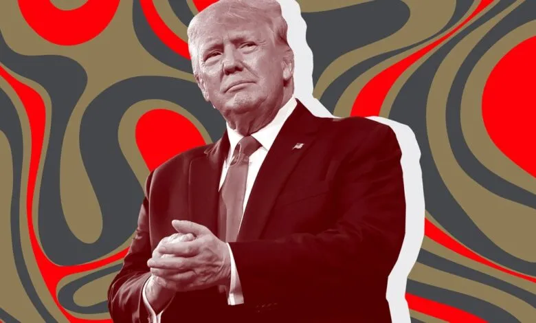 Donald Trump in a suit against a red, gold, and gray abstract background.