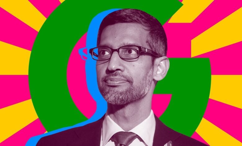 Sundar Pichai, Google CEO, portrait with stylized Google 'G' logo in vibrant pink, yellow, and green.