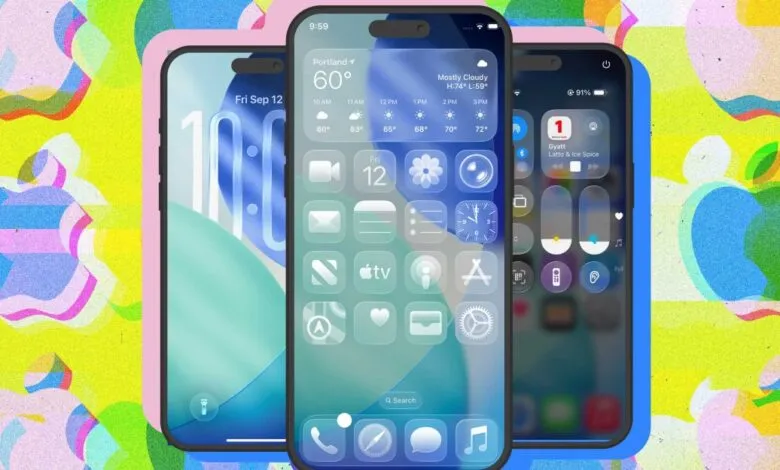 Three iPhone mockups showcase a new iOS interface with translucent icons and widgets on vibrant backgrounds featuring stylized Apple logos.