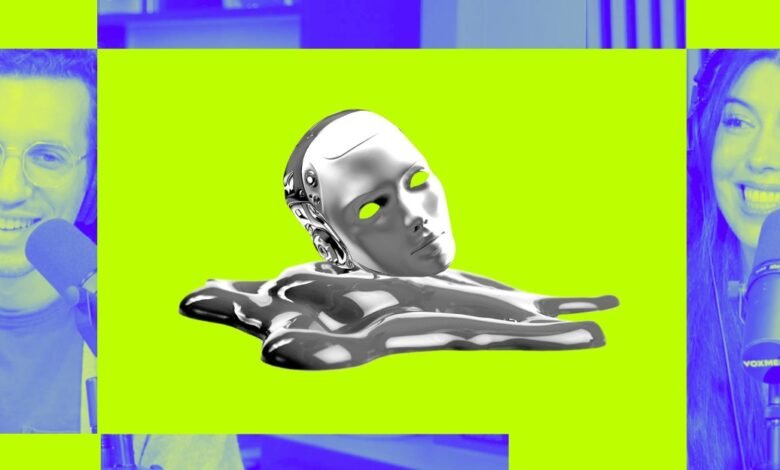 Melting robot head graphic with podcast hosts. Bright colors, bold design.