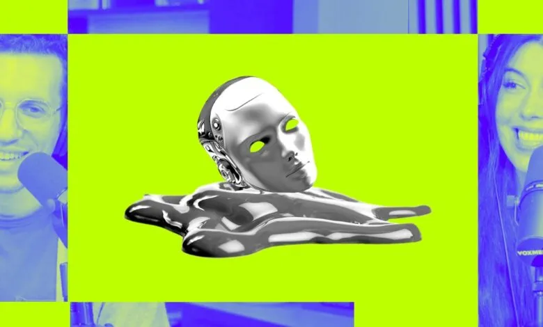 Melting robot head graphic with podcast hosts. Bright colors, bold design.