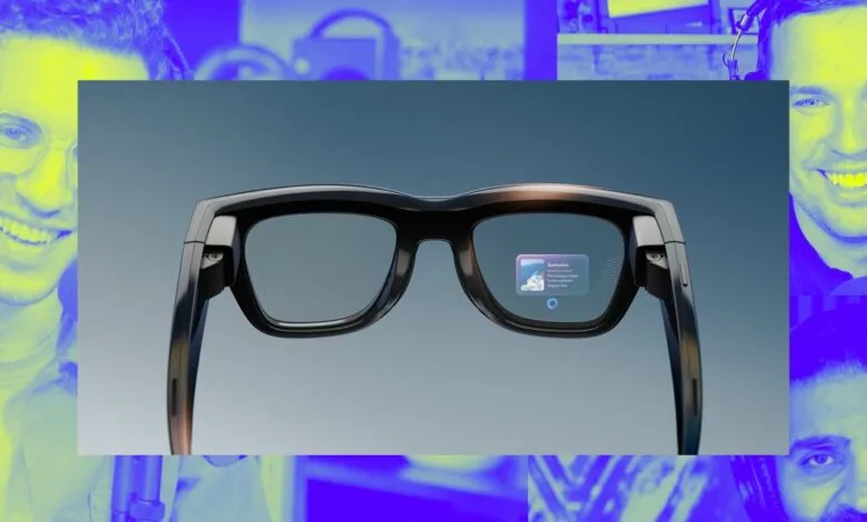 Close-up of sleek black smart glasses displaying an augmented reality overlay of Santorini.