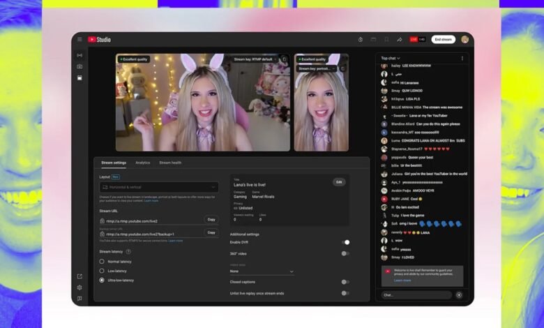 YouTube Studio dashboard showing a live stream of Lana, a gamer, with chat comments and stream settings visible.